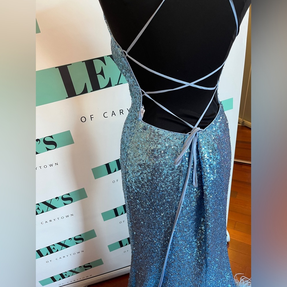 Sherri Hill fitted sequin gown with lace up, slit, and ostrich feathered hem - Picture 5 of 5